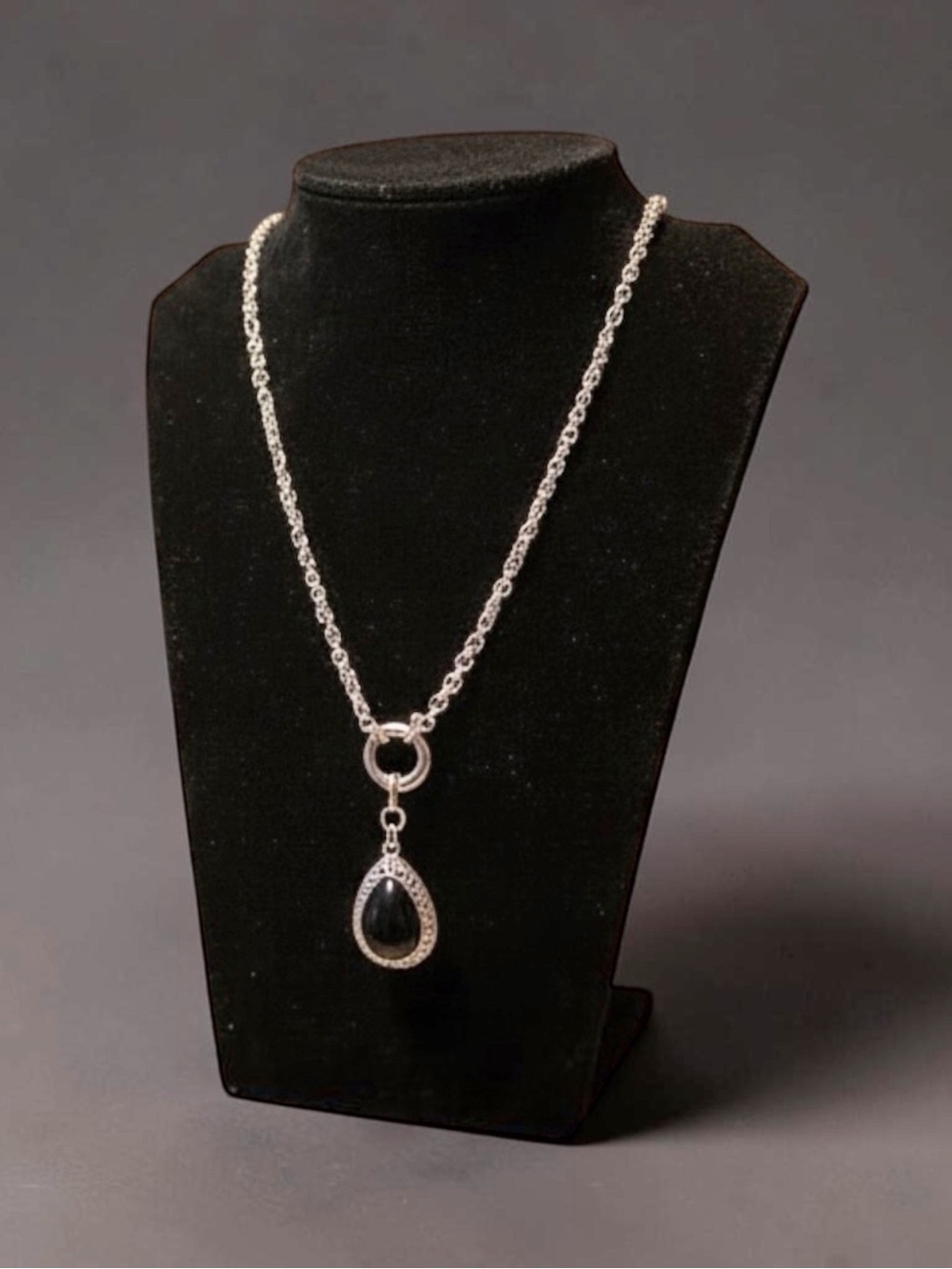 Silver Chain Necklace with Black Teardrop Pendant